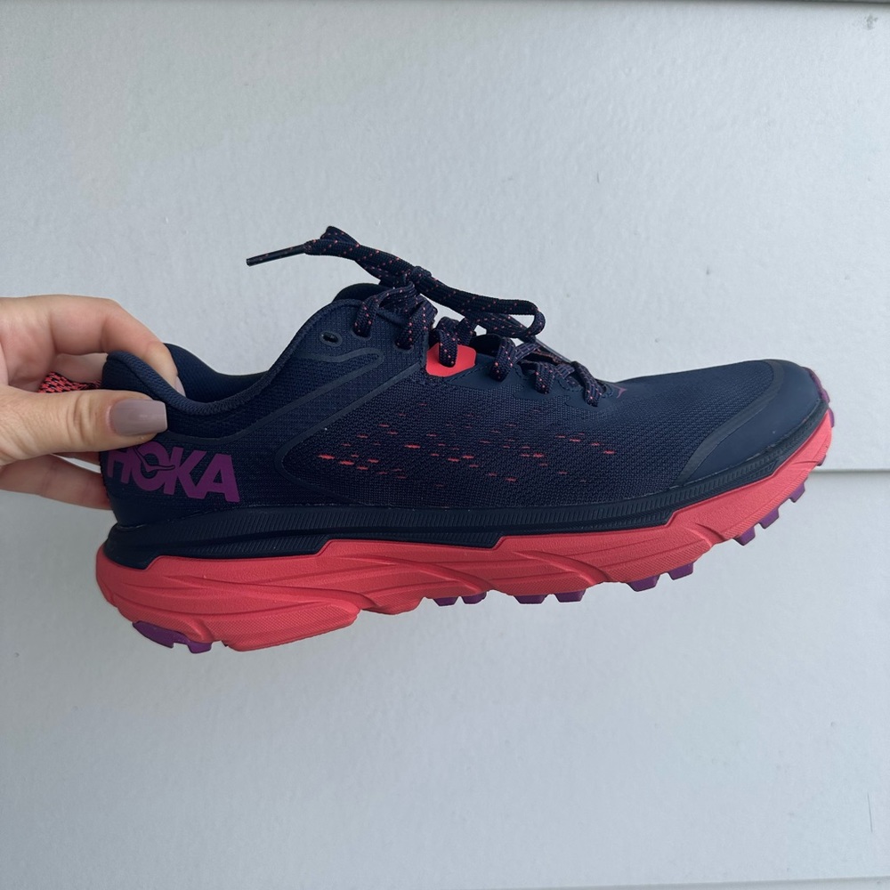 Navy and Coral HOKA shoes